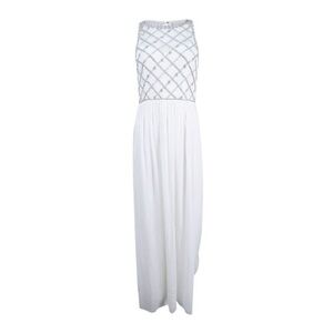 Adrianna Papell 14 Illusion White and Silver Beaded Maxi Dress